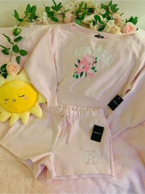 Forever21 Pink Floral Off Shoulder Fleece Sweatshirt & Shorts Lounge Set Large